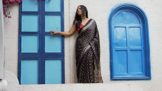 Handcrafted Original Ajrakh Saree – Natural Dye, Pure Cotton/Silk