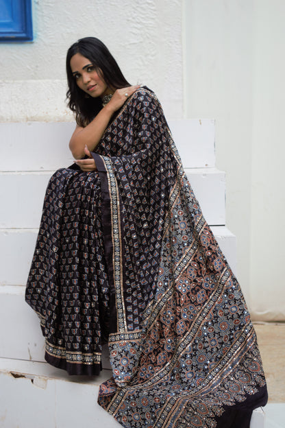 Handcrafted Original Ajrakh Saree – Natural Dye, Pure Cotton/Silk